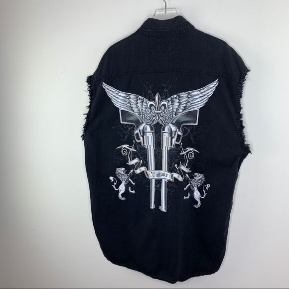 BIKER WEAR SLEEVELESS Black Button-Down SHIRT Revolver Gun‎ Wings Image 5XL - Picture 1 of 12